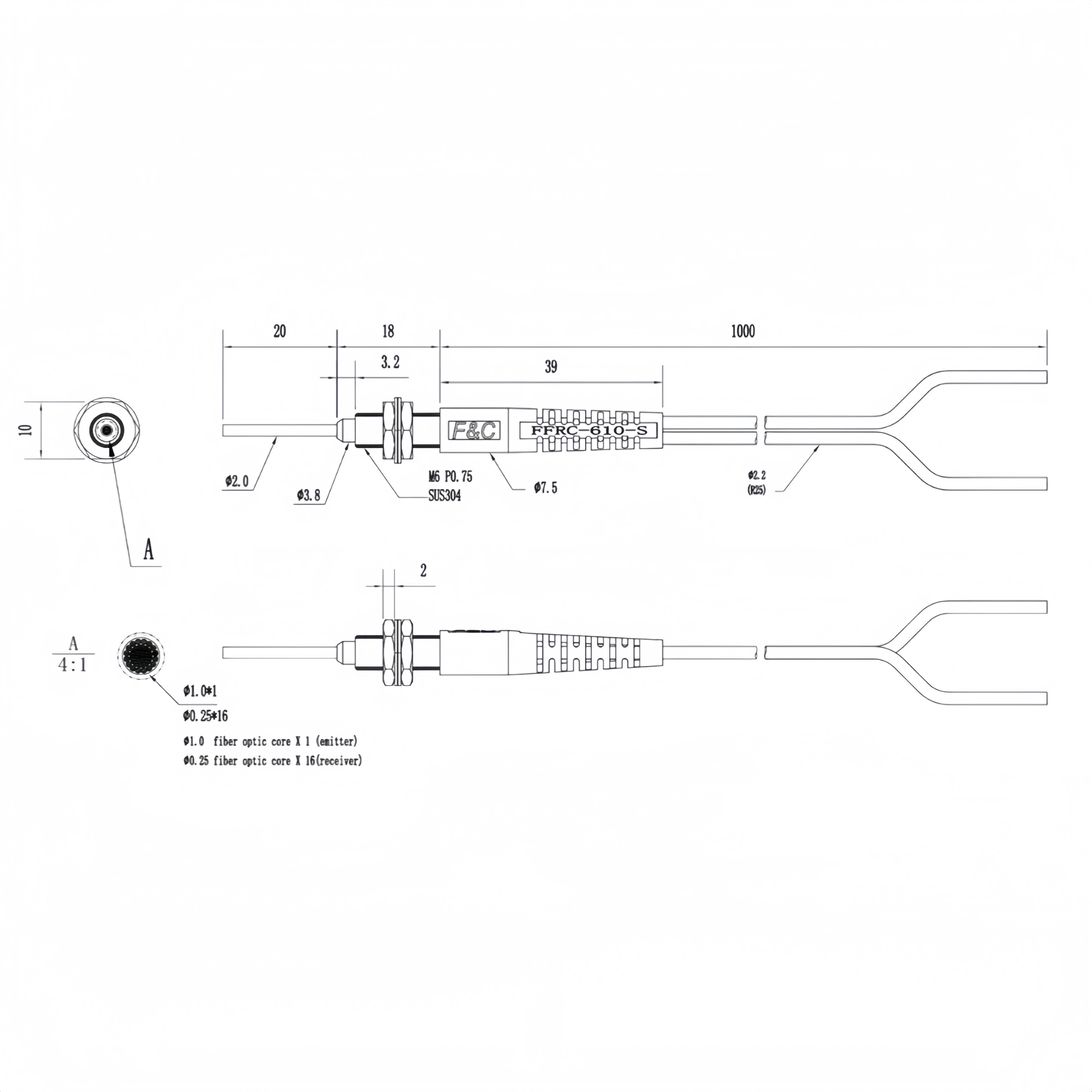 FFRC-610-M Coaxial diffuse reflection optical fiber
