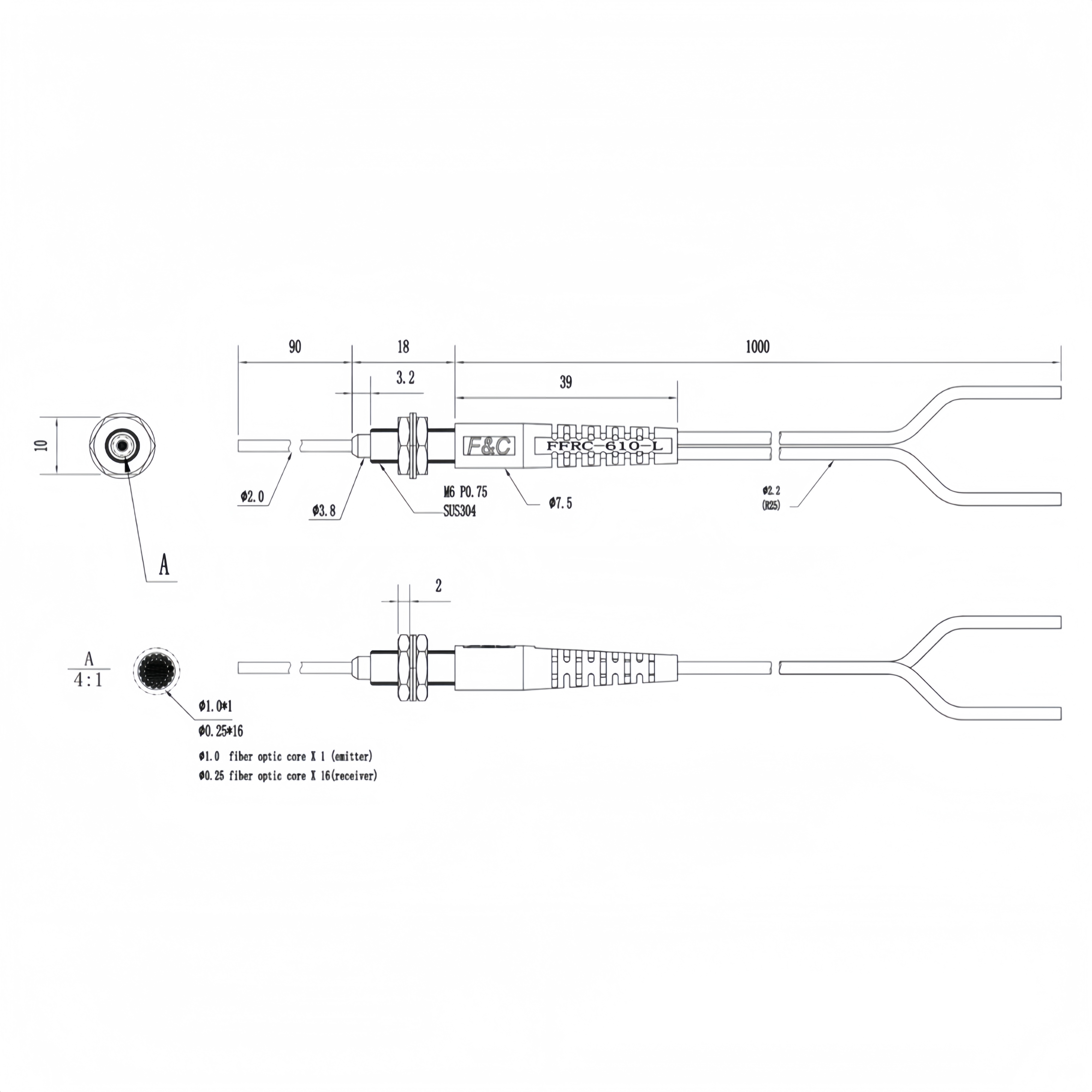 FFRC-610-L Coaxial diffuse reflection optical fiber