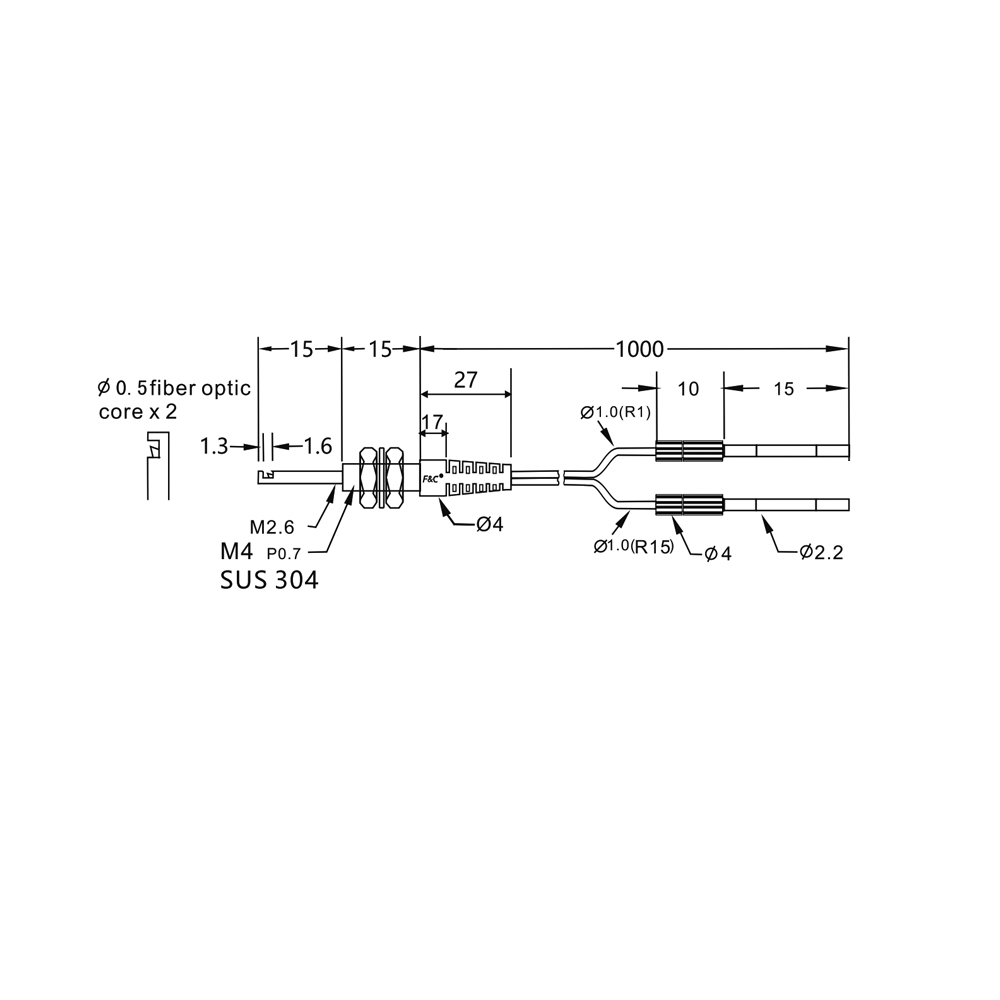 FFRS-410-15MMD Side-view diffuse reflective fiber optic cable